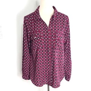 Adrienne Vittadini Purple,White & Black Geometric Print Buttondown Top, Sz Large